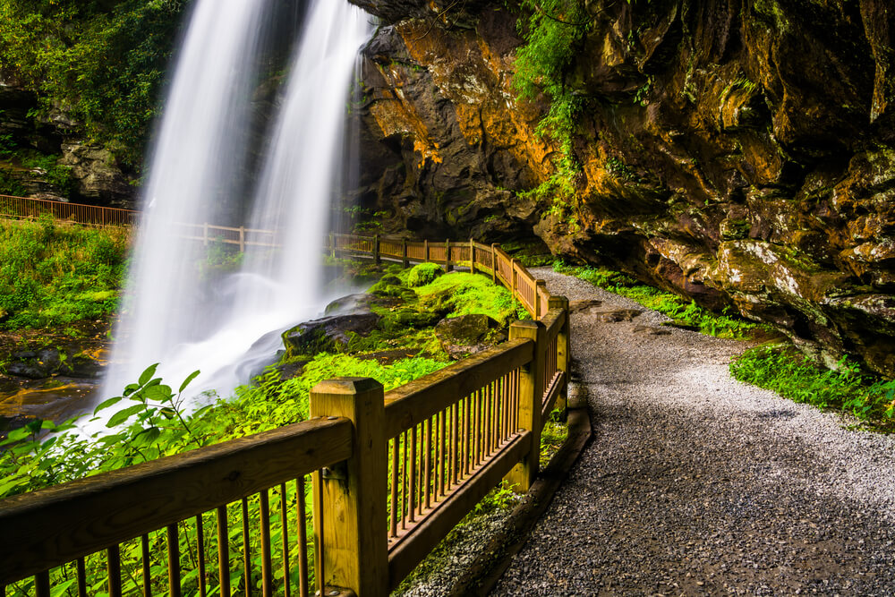 Waterfall trail at Dry Falls: one of the most popular things to do in Highlands NC